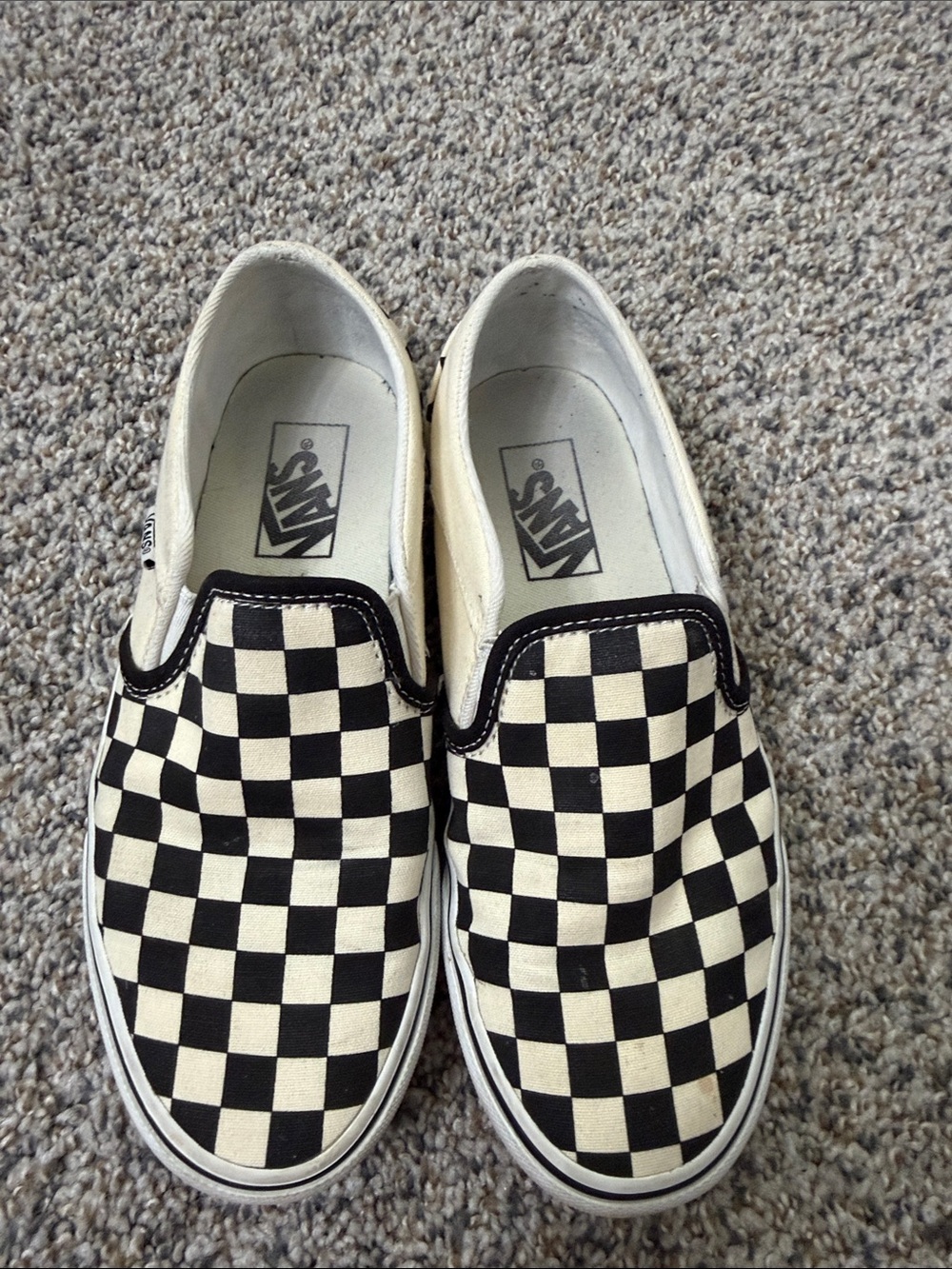 Vans W7.5 Slip-On Checkerboard Sneakers in Black and Cream